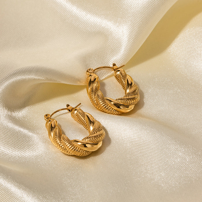 Aros ovalados de doble trenzado estilo vintage europeo: joyería con forma de U de acero inoxidable chapado en oro de 18 quilates para mujer