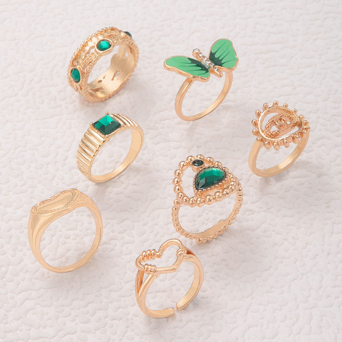 Green butterfly diamond heart eyes hollow seven-piece ring set