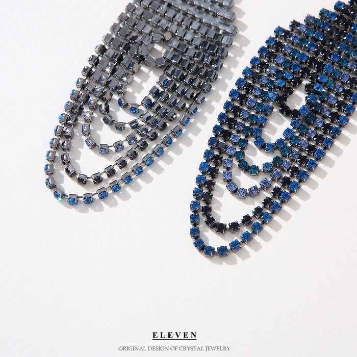 Deep Blue Chain Tassel Earrings - Exaggerated Long Dangles for a Bold Look