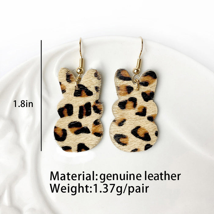 Easter Bunny Earrings with Faux Pearl Pendant, Leopard Print, and Gold Dots on Cowhide Leather