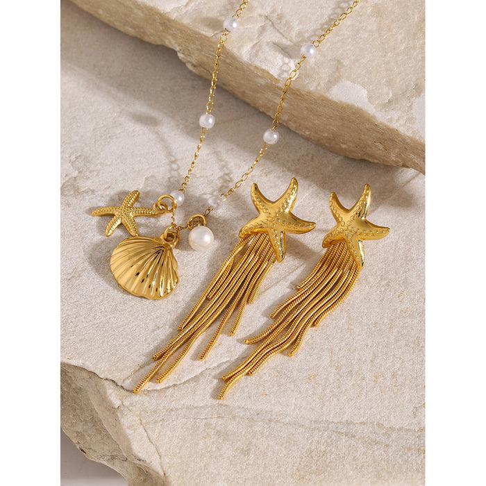 Pendientes de borlas con forma de estrella de mar en acero inoxidable bañado en oro de 18 quilates de diseñador - Collar de acero de titanio con concha estilo playa