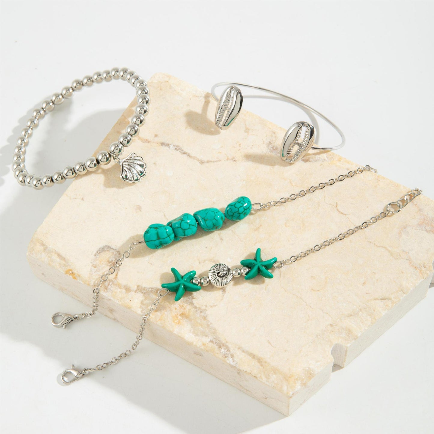 Bohemian Starfish Shell Turquoise Bracelet - Vacation Style Seashell Beaded Bracelet Four-Piece Set