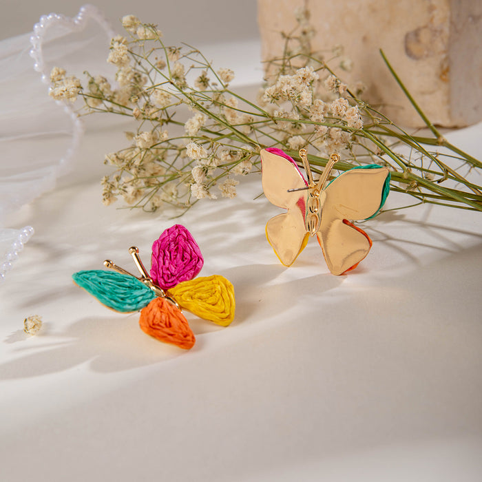 Bohemian colorful woven raffia butterfly earrings holiday style earrings