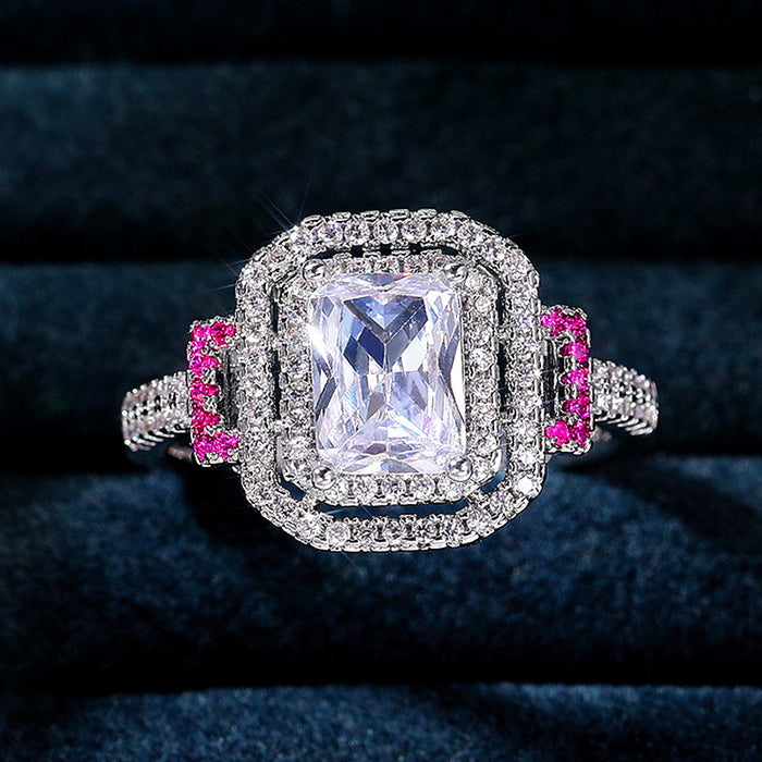 Pink diamond square princess ring European and American fashion engagement proposal