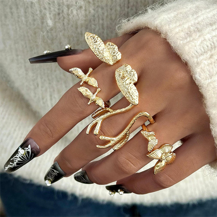 Butterfly and Antler Ring Set - 4-Piece Gold-Toned Bird Wing Rings