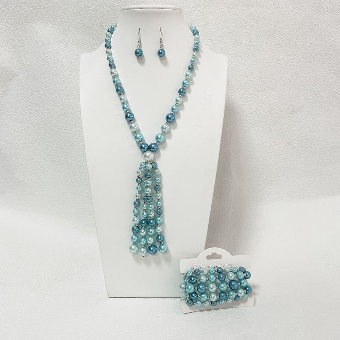 Wholesale glass pearl tassel necklace, bracelet, and earring sets - wallojewerly 