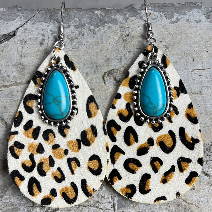 Western Animal Print Cowhide Teardrop Earrings with Turquoise and Metal Accents