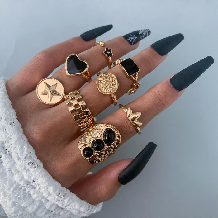 Dark Vintage Metal Love Heart Oil Drop Eight-Piece Ring Set