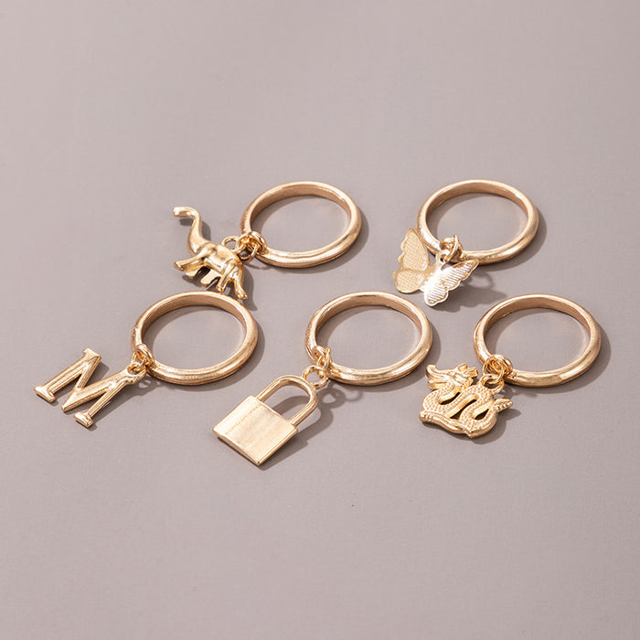 Dinosaur letter lock butterfly alloy 5-piece ring set for women