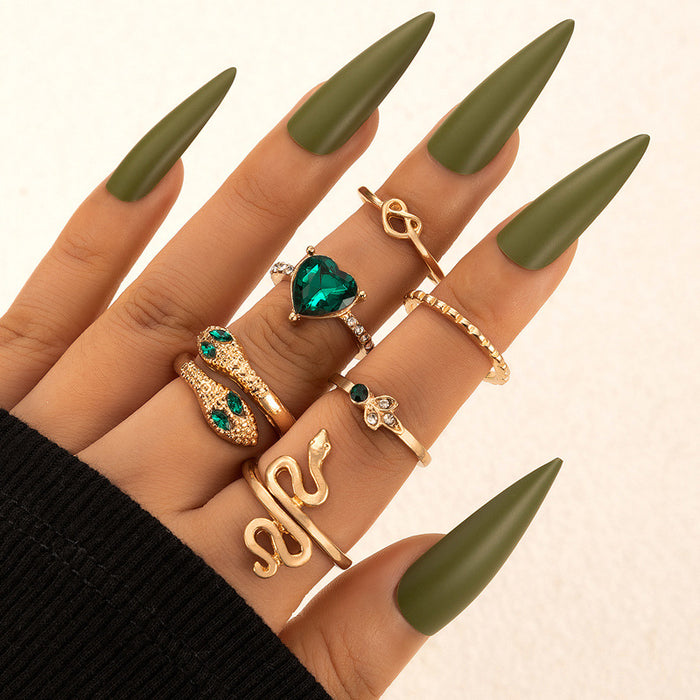 Emerald inlaid heart ring set, geometric snake zodiac six-piece set