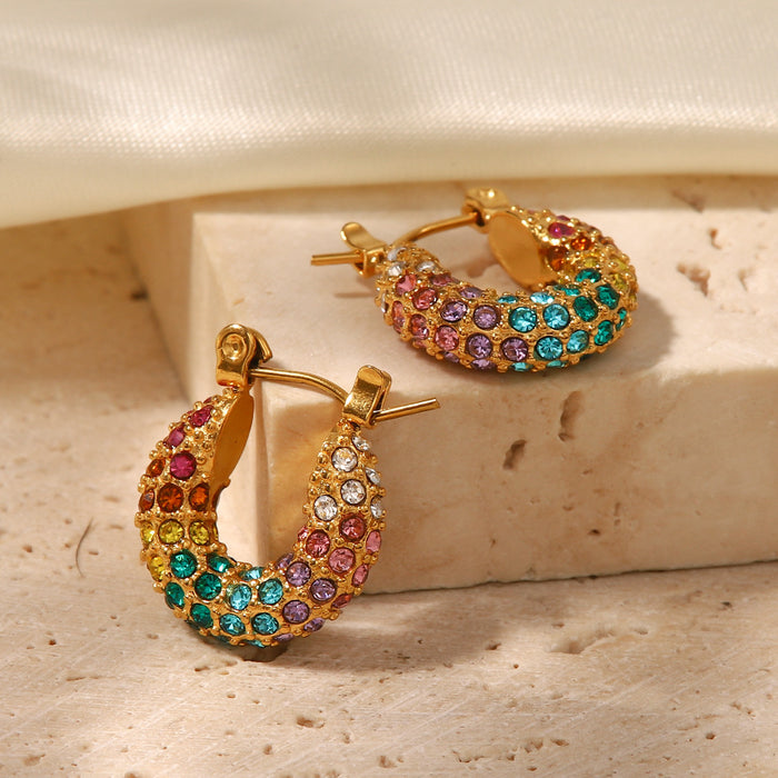 European Style New 18K Gold-Plated Full Pave Rainbow Zircon Earrings - Fashionable Jewelry for Women