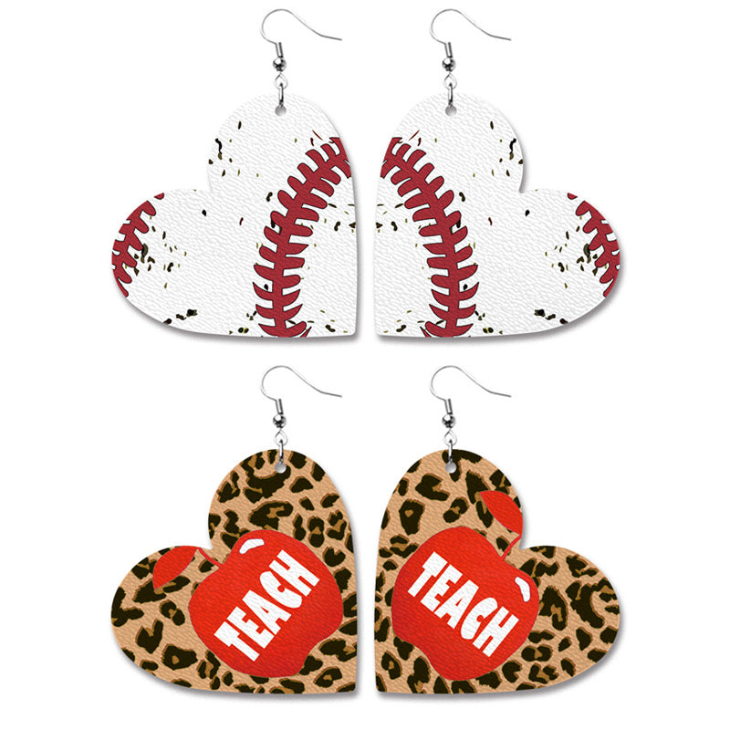 PU Leather Heart-Shaped Sports Earrings for Teachers' Day Gift