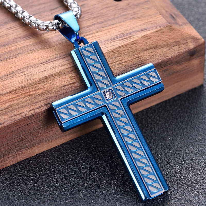 Corroded Stone Inlaid Chain Pattern Stainless Steel Cross Necklace - wallojewerly 