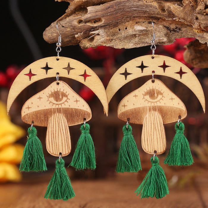 Halloween Tassel Earrings with Wooden Moon and Mushroom Design