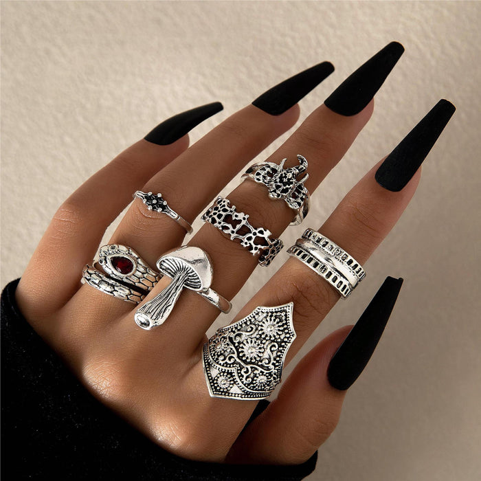 Mushroom Snake Elephant Silver Ring 7-Piece Set