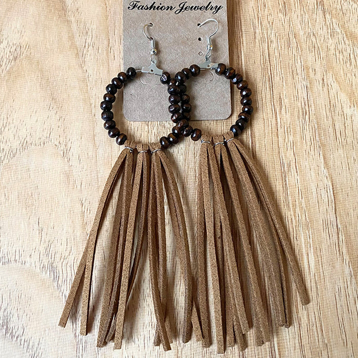 Bohemian Wood Bead Tassel Earrings with Unique Design