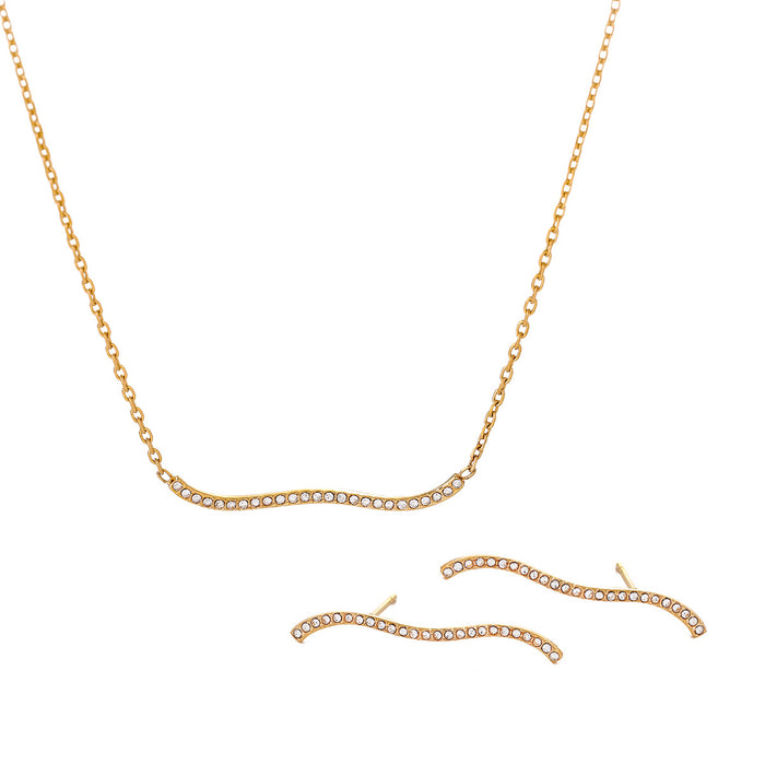 18K Gold-Plated Stainless Steel Necklace with Zircon Wave Inlays - Simple and Elegant Design with Matching Earrings