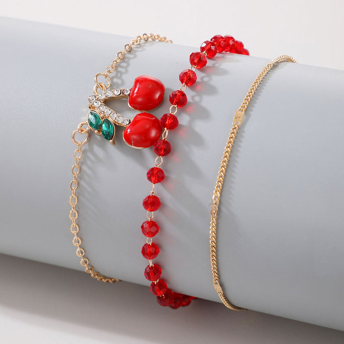 Cherry Red Beaded Triple Anklet Set - Fashionable Fruit-Inspired Ankle Bracelets