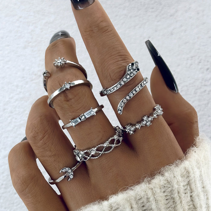 Star & Moon Diamond Snake Geometric Cut-Out Ring Set – Creative Vintage Joint Rings, 7-Piece Collection