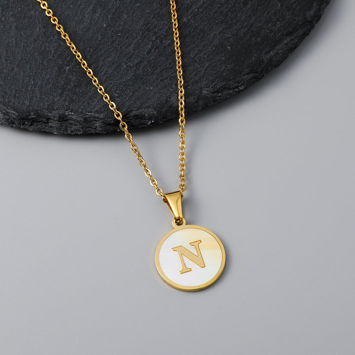 Round shell letter necklace, 18K stainless steel clavicle chain wholesale