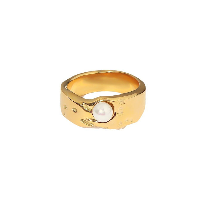 18K Gold Plated Stainless Steel Ring with Pearl - Trendy Minimalist Jewelry