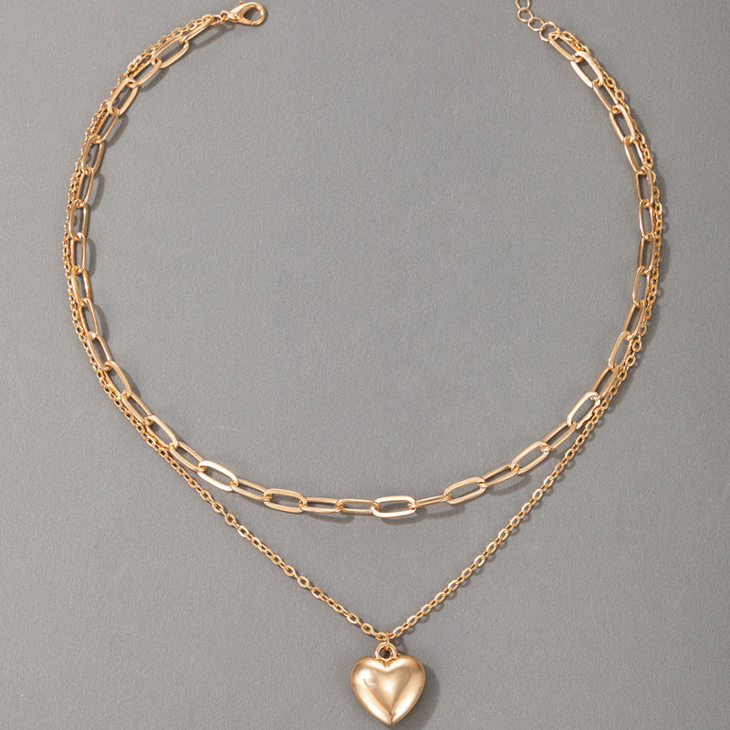 Heavy Metal Alloy Heart Double Layer Necklace with Geometric Chain Multi-Layer Clavicle Design