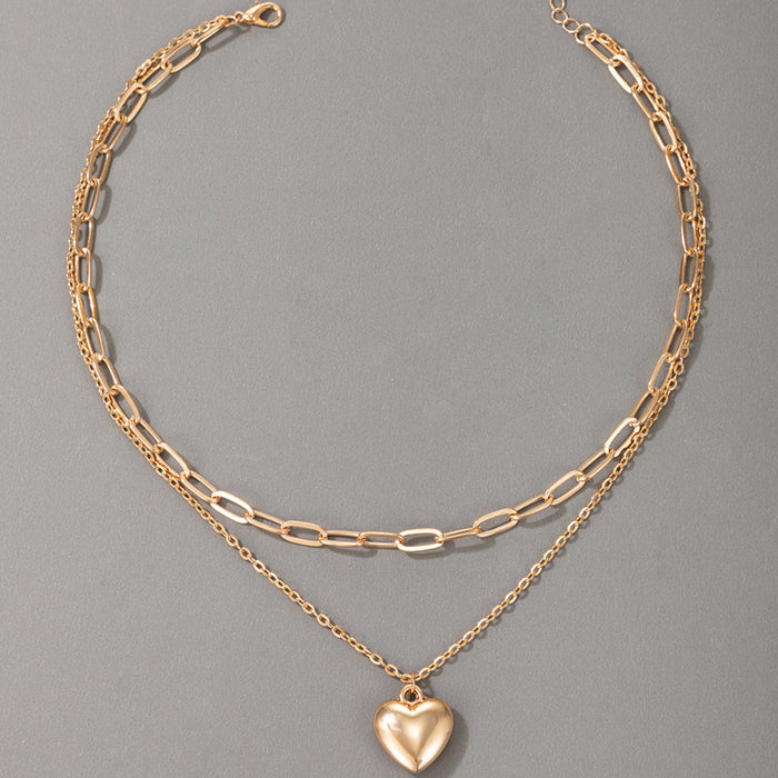 Heavy Metal Alloy Heart Double Layer Necklace with Geometric Chain Multi-Layer Clavicle Design