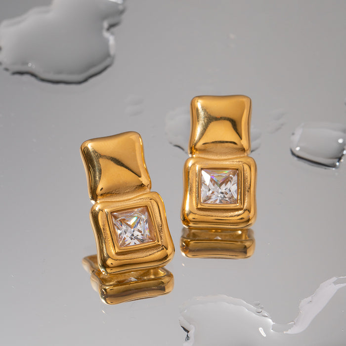 18K Gold Plated Stainless Steel Zircon Square Earrings - Trendy Design for 2023