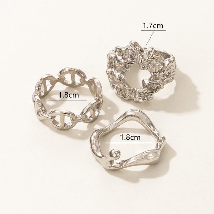 Geometric imitation chain silver ring 3-piece set