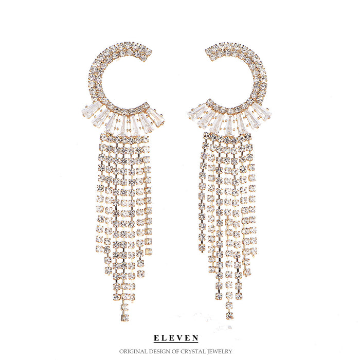 Korean C-Letter Zircon Earrings - Full Rhinestone Tassel Dangles for a Sophisticated Look