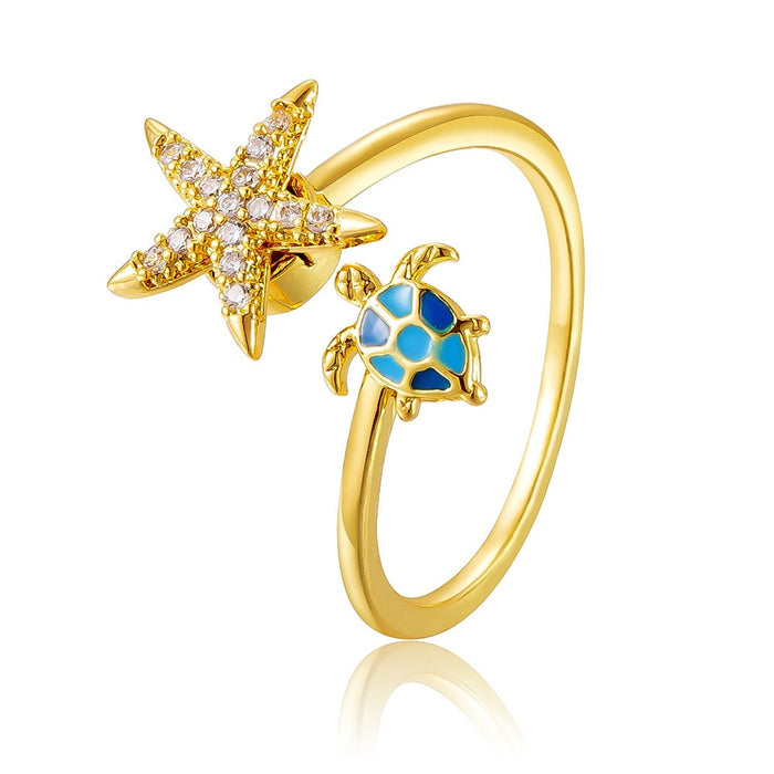 Wholesale oil-splashed turtle and starfish micro-painted zircon rings