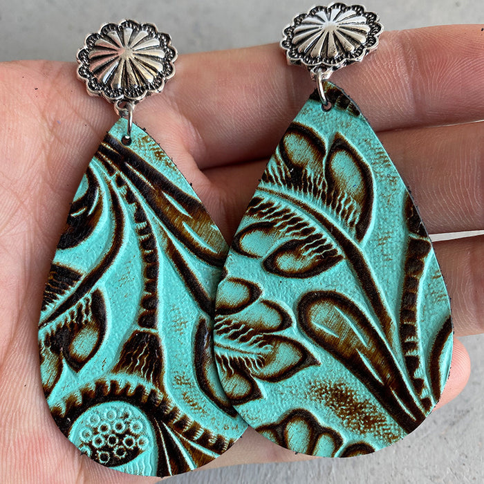 Embossed Leather Earrings with Bohemian Floral Pumpkin Flower Design