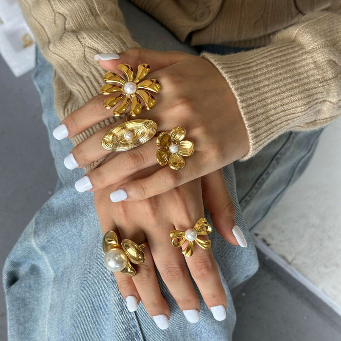 Stainless Steel Flower Pearl Ring