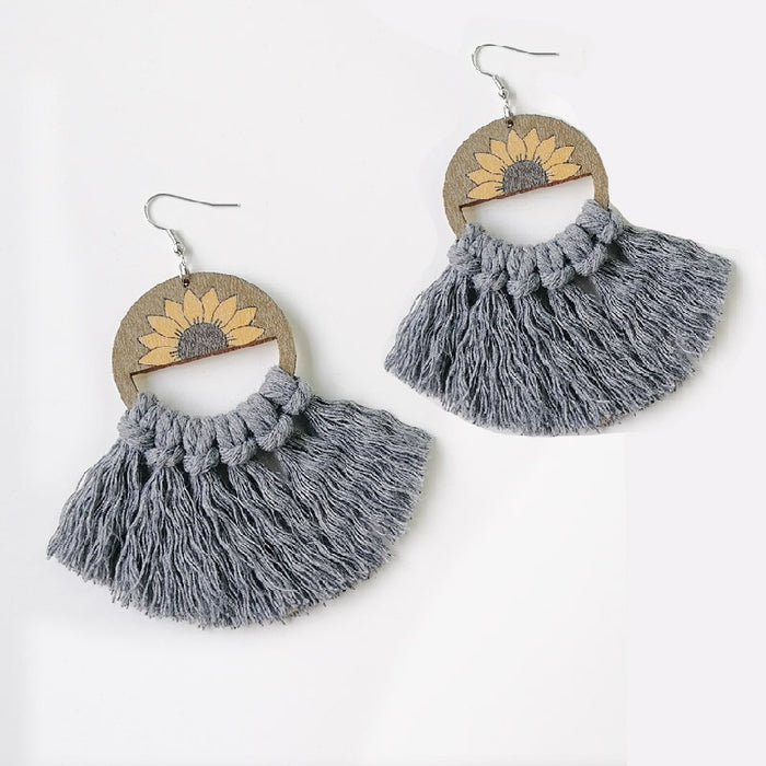 Bohemian Handwoven Cotton Tassel Earrings with Wooden Sunflower Fan Design