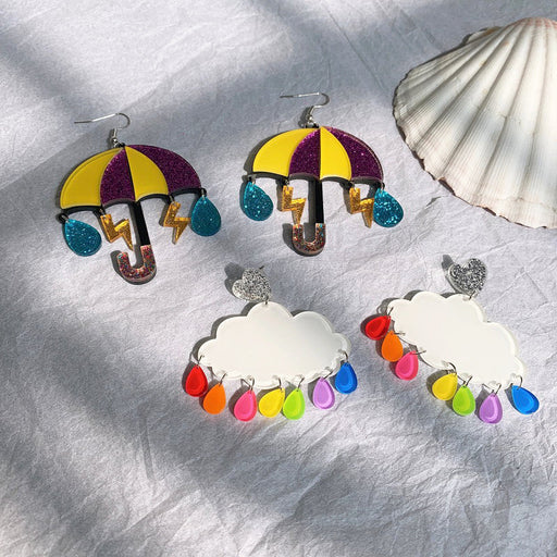 Acrylic Umbrella Cloud Lightning Water Drop Earrings - wallojewerly 