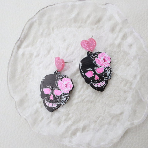 Acrylic Acrylic Pink Skull Earrings - wallojewerly 