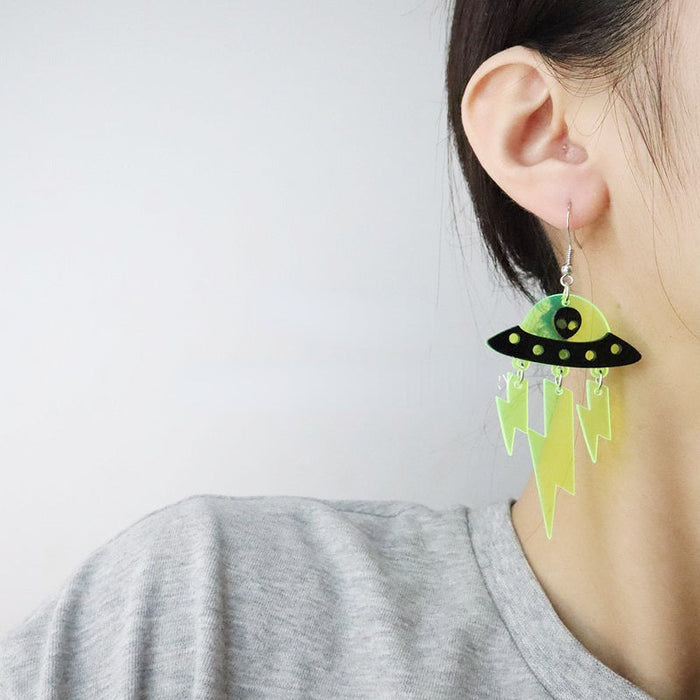 Acrylic Acrylic Halloween Funny Alien Fluorescent Earrings - wallojewerly 